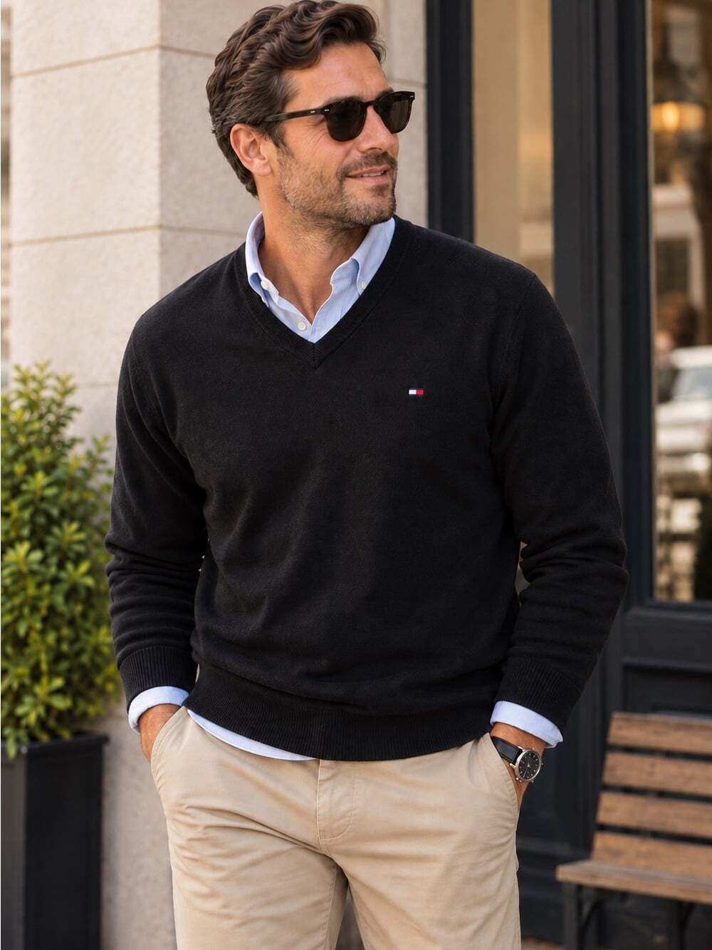Tommy Hilfiger Black Pima Cotton V-Neck Sweater Men’s XL